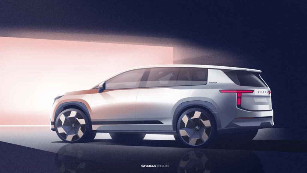 A Škoda hétüléses elektromos zászlóshajója első vázlatokon mutatja meg magát