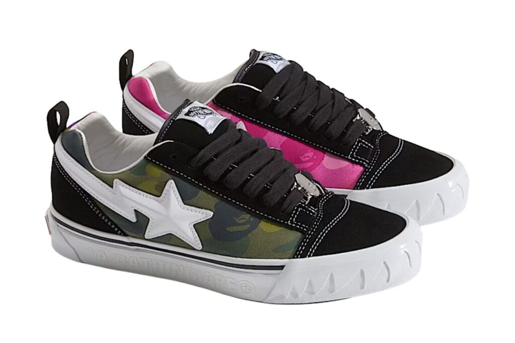 A BAPE és a Vans Premium Knu Skool rétegről rétegre építkező együttműködése terepmintás vásznat, velúrt és cápafogas gumitalpat vonultat fel